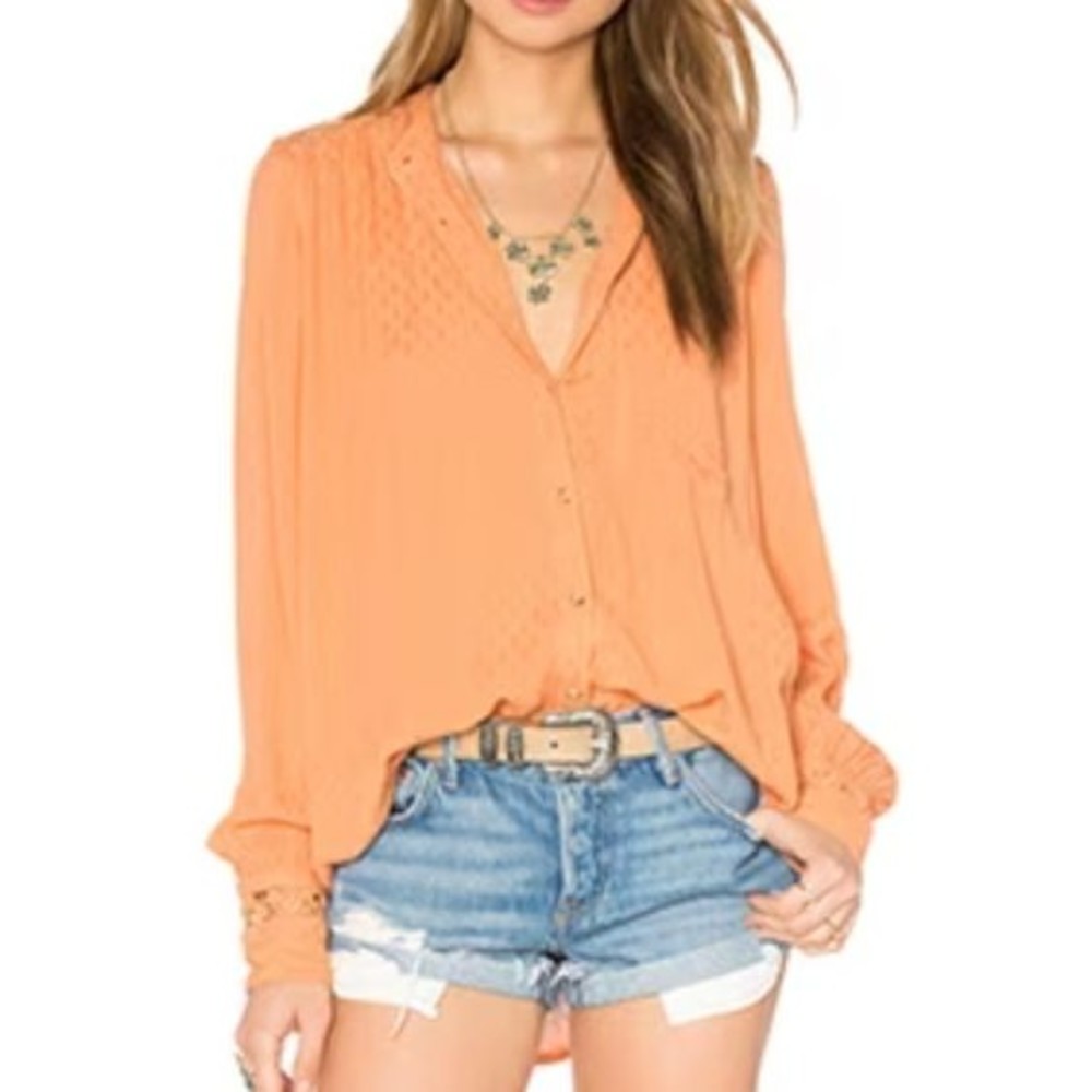 NWT Free People 'The Best' Button Up Blouse Size XS Orange Peach Crochet Boho